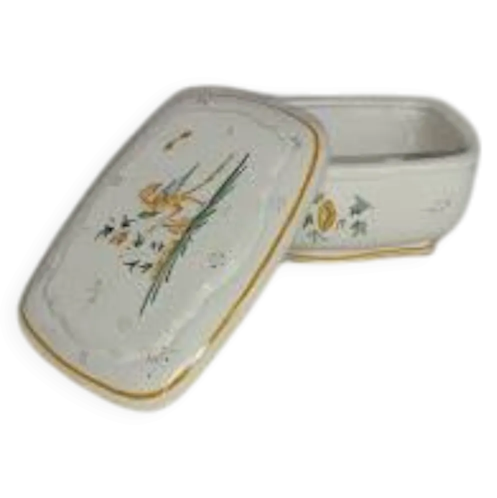 Beurrier ancien en faïence – Décor oiseau – Fin XIXe / début XXe