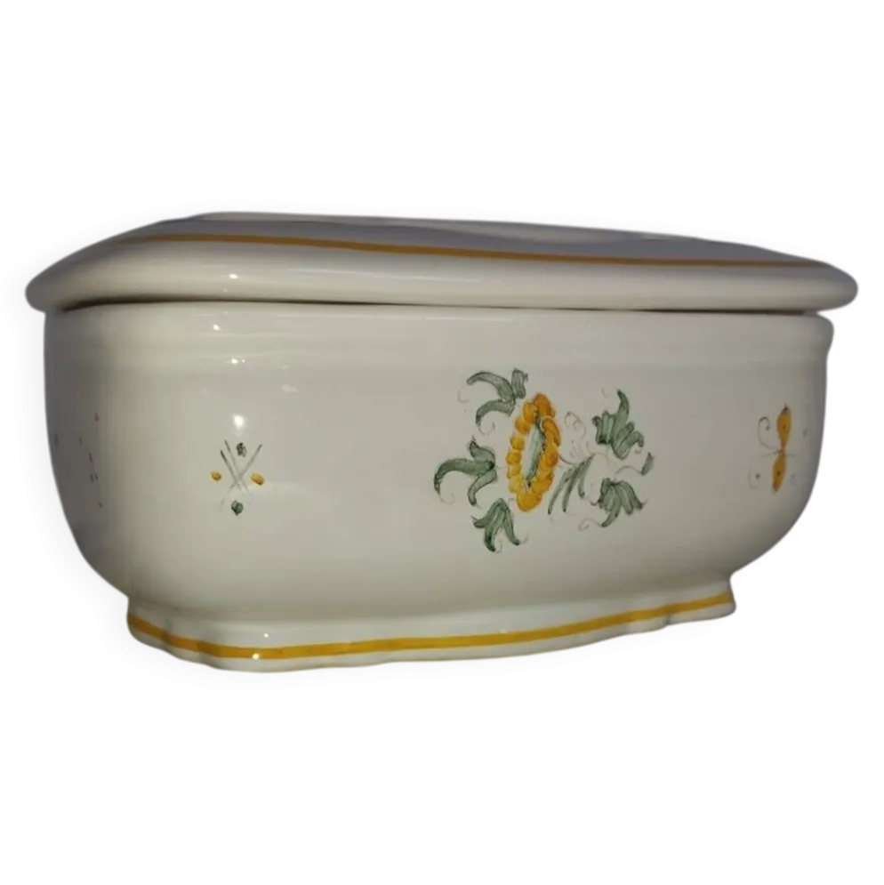 Beurrier ancien en faïence – Décor oiseau – Fin XIXe / début XXe