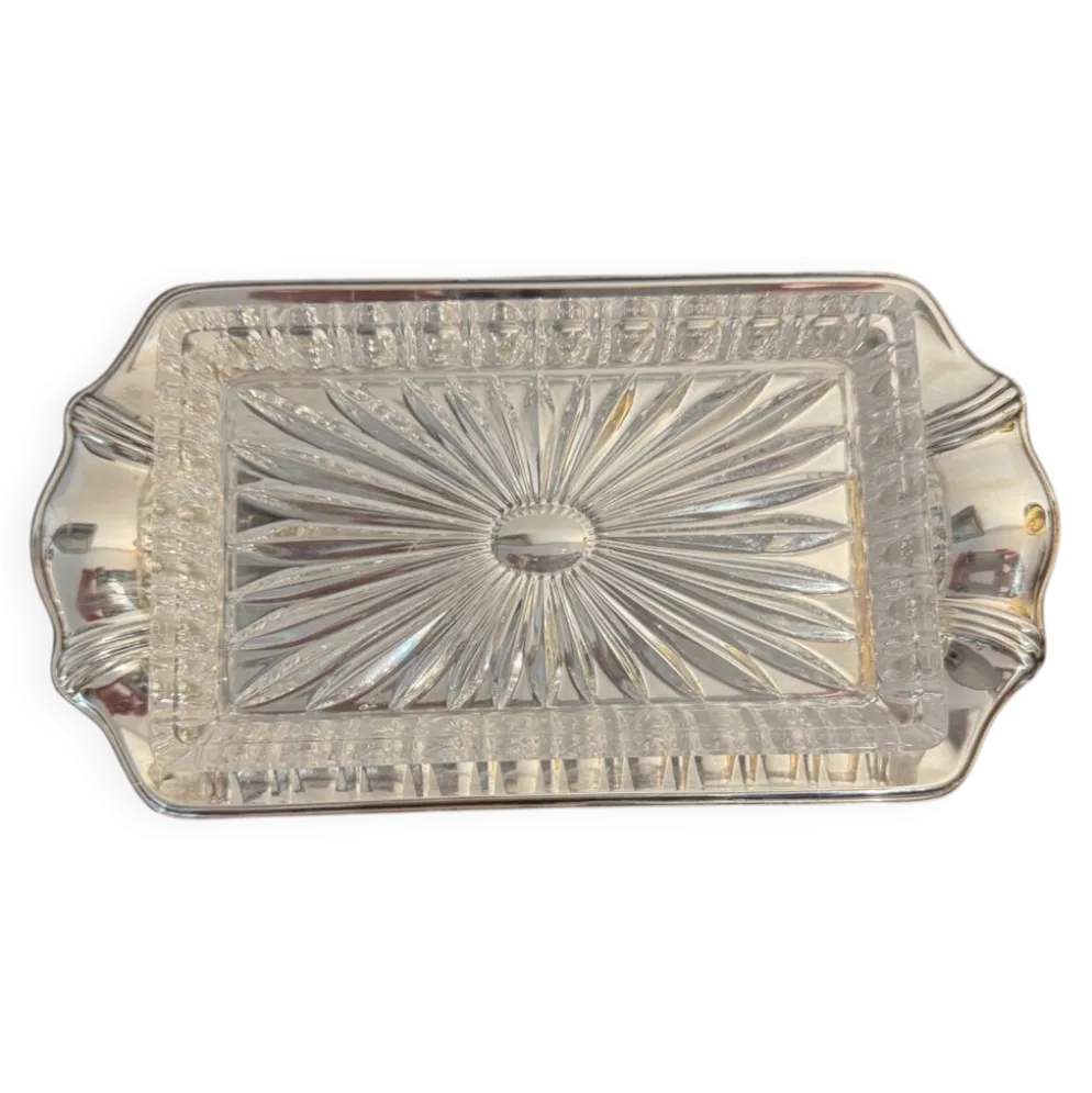 Beurrier Art déco en verre pressé et métal argenté – estampillé (type