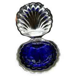 Beurrier, caviarier vintage en verre bleu cobalt et métal