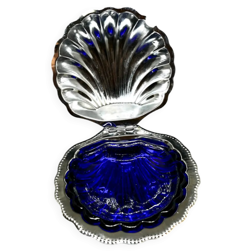 Beurrier, caviarier vintage en verre bleu cobalt et métal