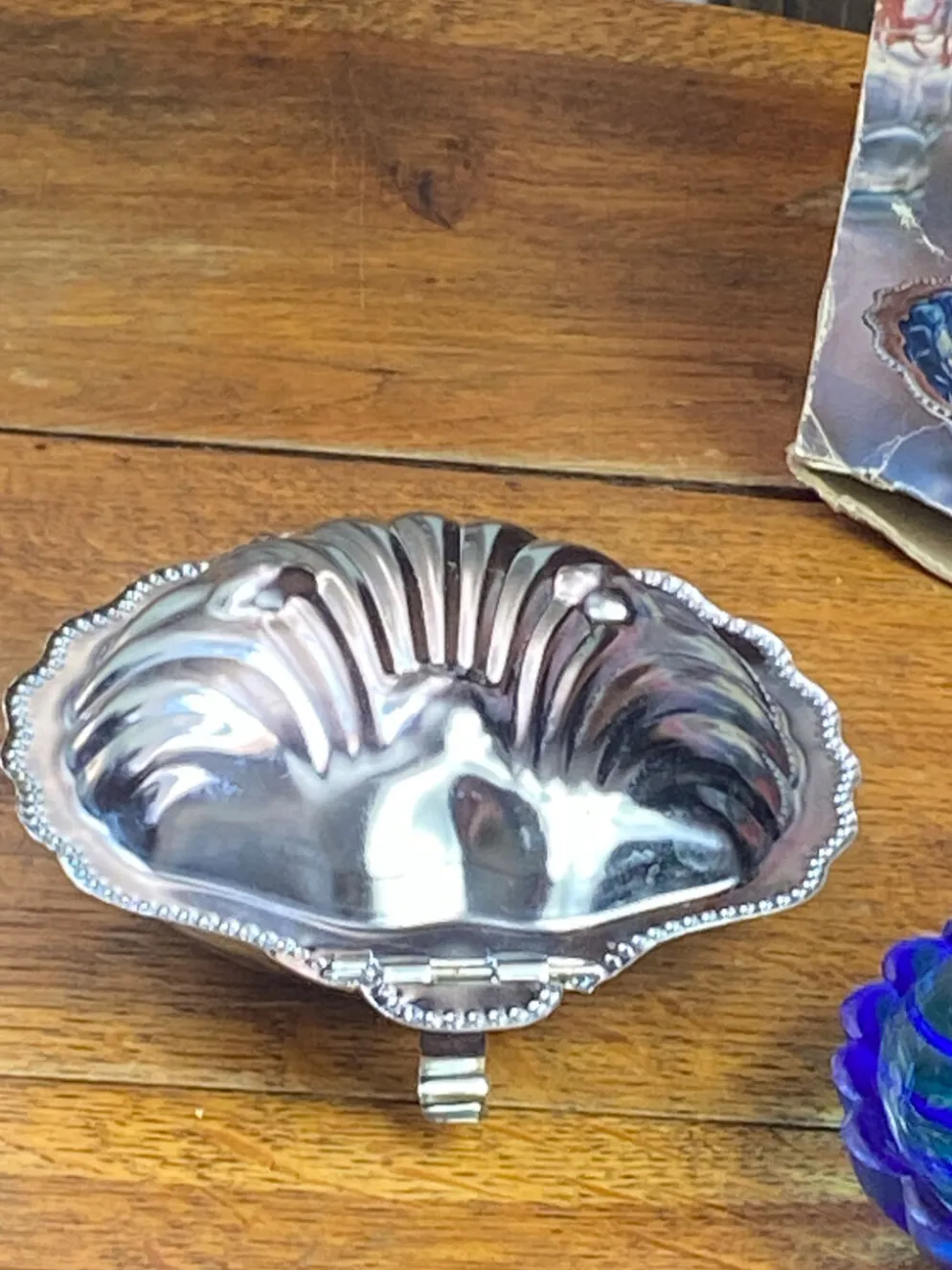 Beurrier coquillage en inox et verre bleu