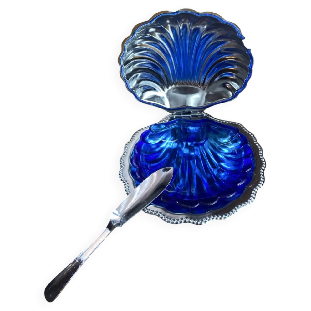 Beurrier coquillage en inox et verre bleu