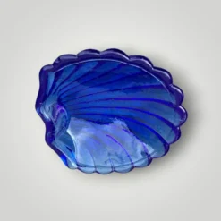 Beurrier coquillage vintage en inox et verre bleu cobalt