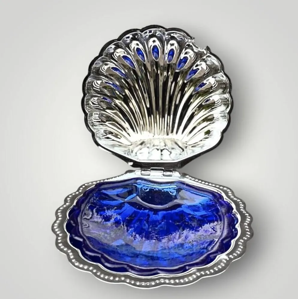 Beurrier coquillage vintage en inox et verre bleu cobalt