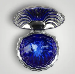 Beurrier coquillage vintage en inox et verre bleu cobalt