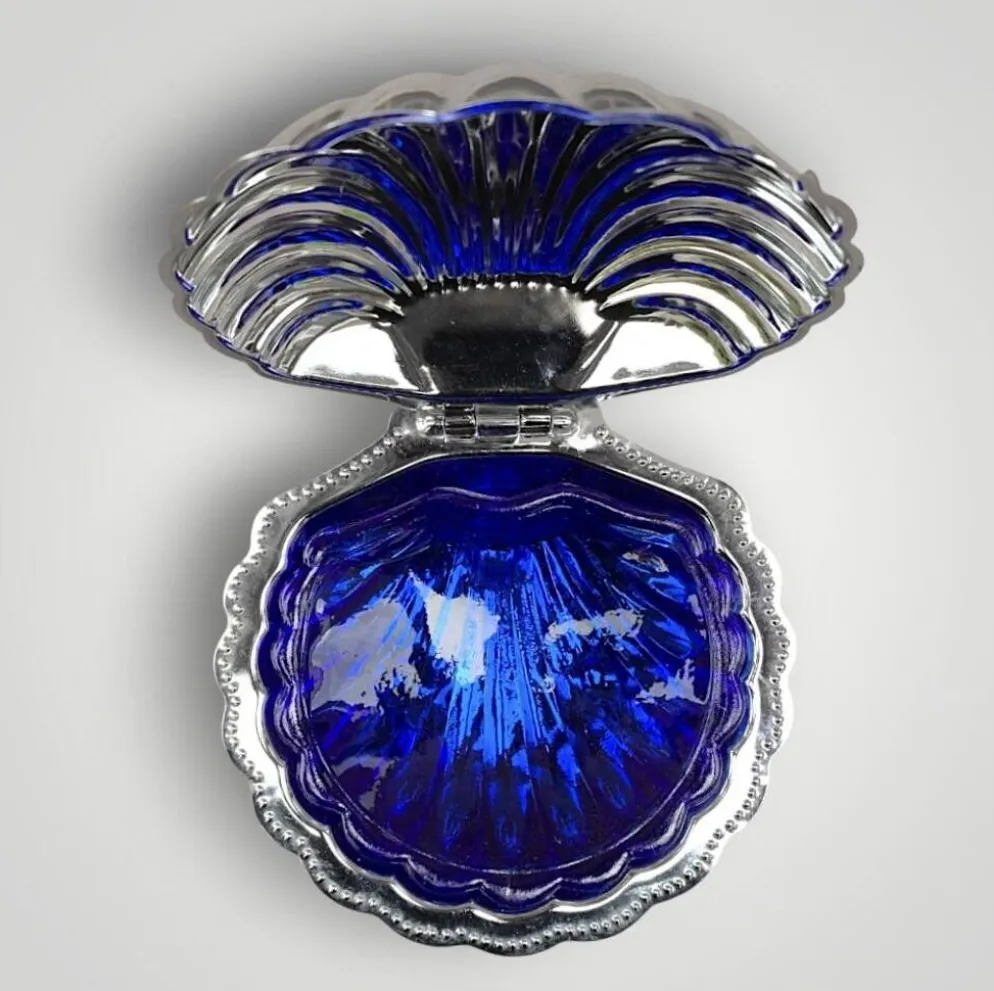 Beurrier coquillage vintage en inox et verre bleu cobalt