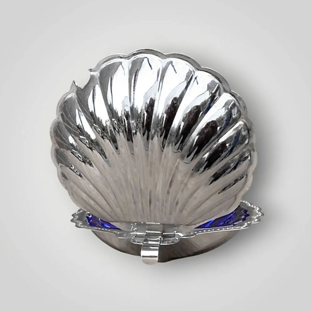 Beurrier coquillage vintage en inox et verre bleu cobalt
