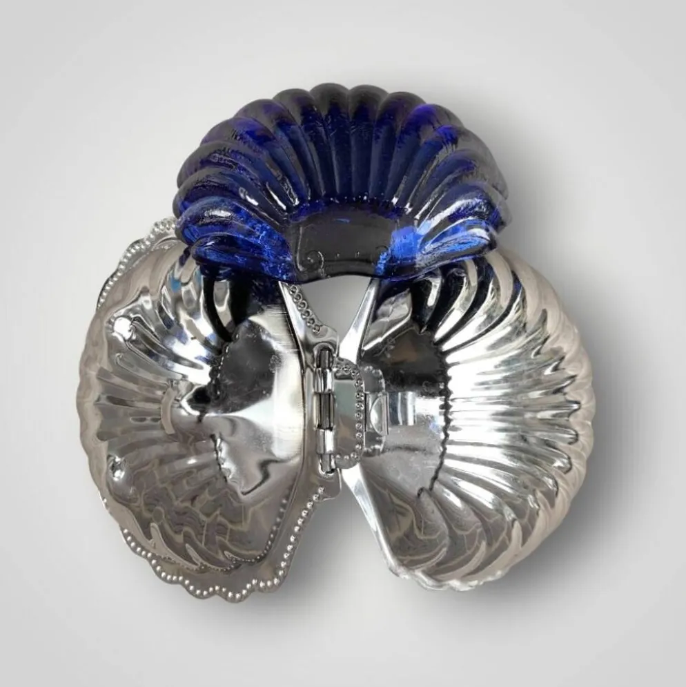 Beurrier coquillage vintage en inox et verre bleu cobalt