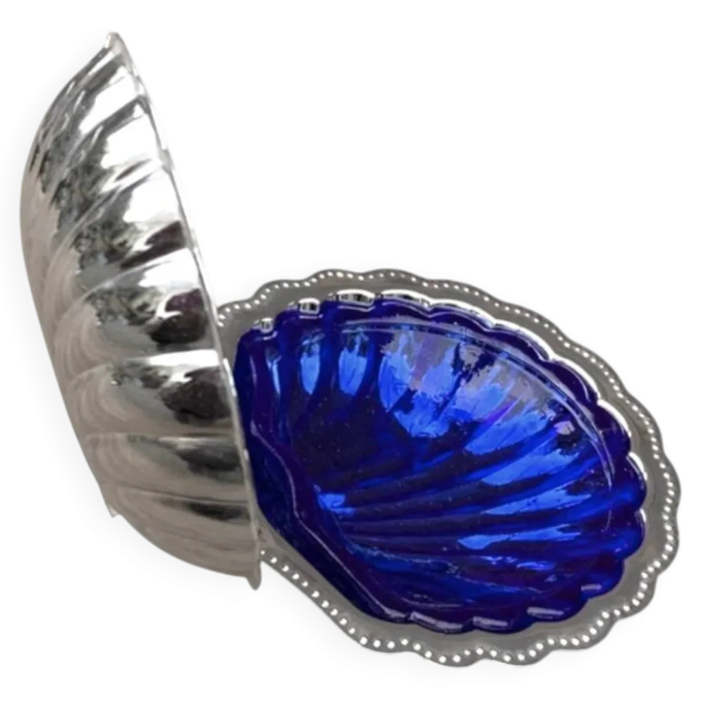 Beurrier coquillage vintage en inox et verre bleu cobalt