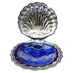 Beurrier coquillage vintage en inox et verre bleu cobalt