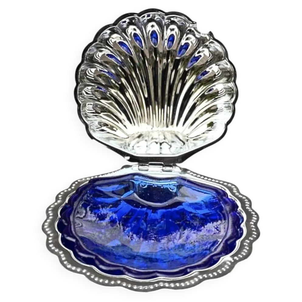 Beurrier coquillage vintage en inox et verre bleu cobalt