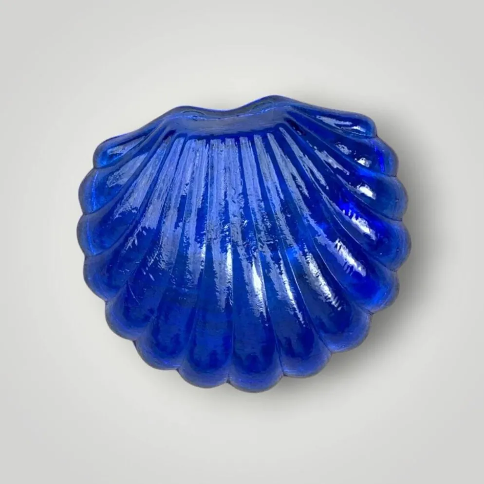 Beurrier coquillage vintage en inox et verre bleu cobalt