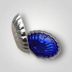 Beurrier coquillage vintage en inox et verre bleu cobalt
