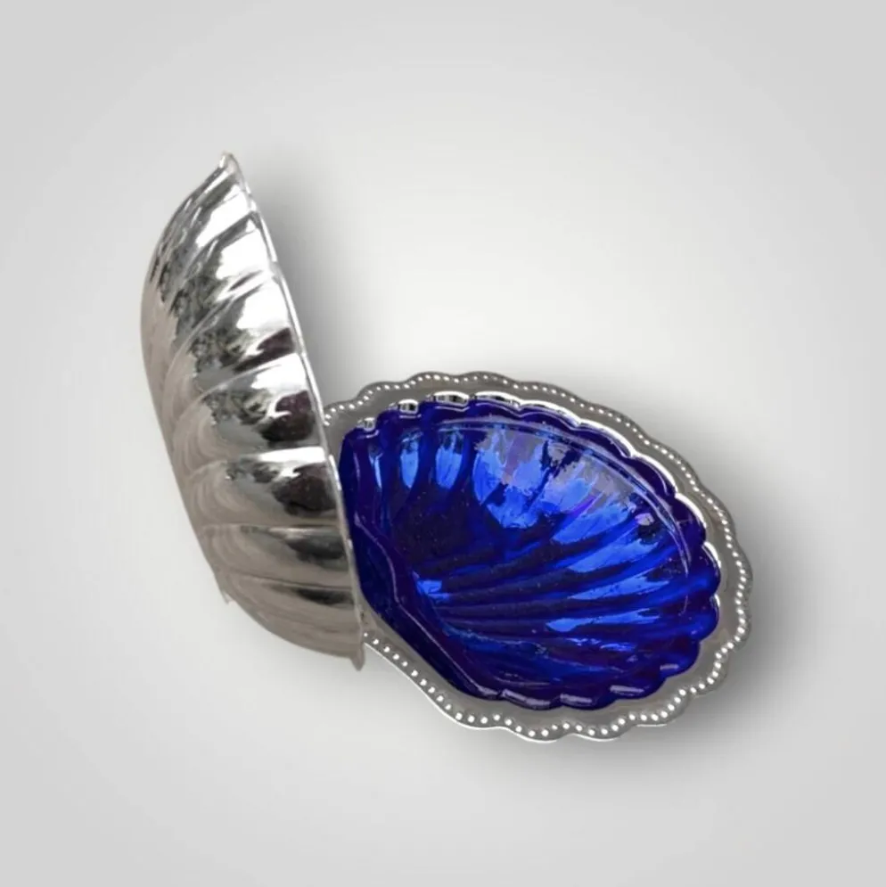 Beurrier coquillage vintage en inox et verre bleu cobalt
