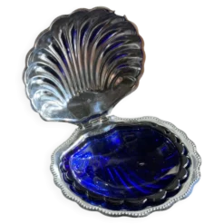 Beurrier coquille vintage en métal argenté coupelle bleue