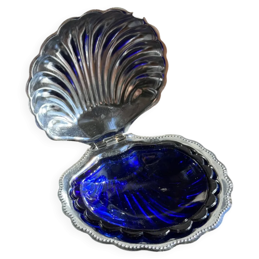 Beurrier coquille vintage en métal argenté coupelle bleue