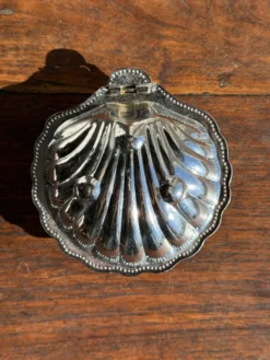 Beurrier coquille vintage en métal argenté coupelle bleue
