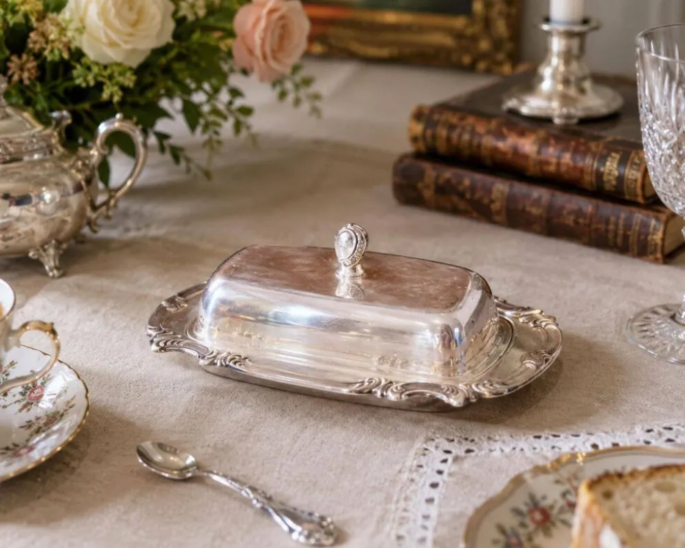 Beurrier en argent ancien avec doublure en cristal et cuillère, vaisselle vintage élégante