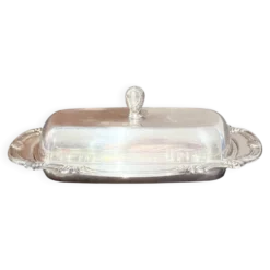 Beurrier en argent ancien avec doublure en cristal et cuillère, vaisselle vintage élégante