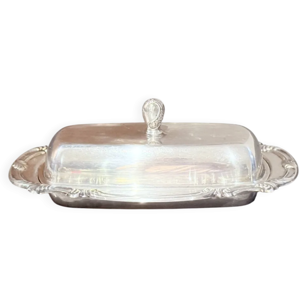 Beurrier en argent ancien avec doublure en cristal et cuillère, vaisselle vintage élégante