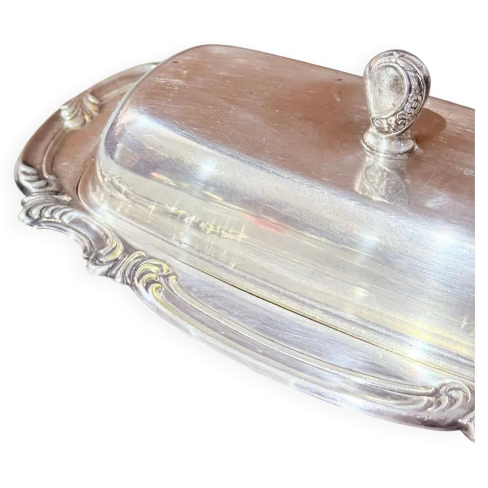 Beurrier en argent ancien avec doublure en cristal et cuillère, vaisselle vintage élégante