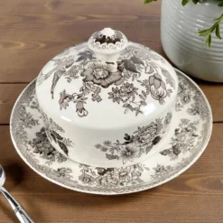 Beurrier en céramique blanc et marron avec des faisans Wedgwood