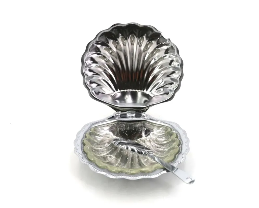 Beurrier en forme de coquillage en métal argenté et verre avec son couteau