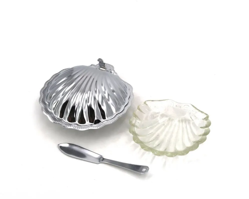 Beurrier en forme de coquillage en métal argenté et verre avec son couteau