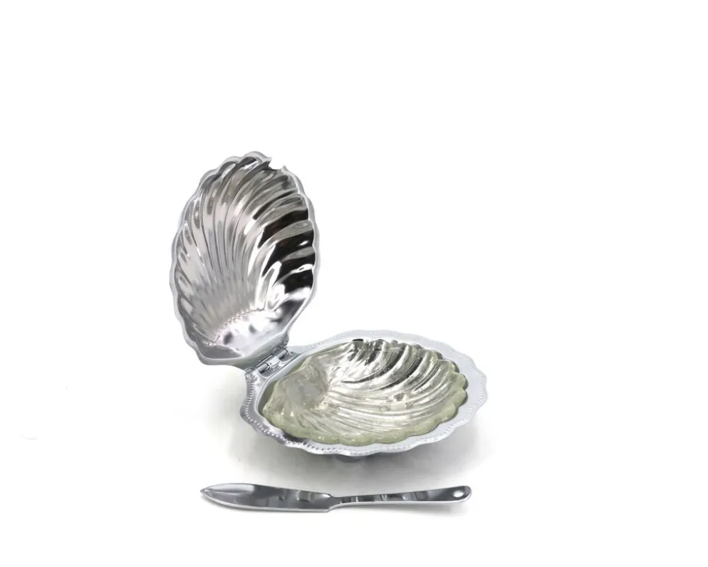 Beurrier en forme de coquillage en métal argenté et verre avec son couteau