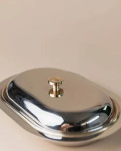 Beurrier en métal argenté avec couvercle, vintage italien des années 1970 en acier inoxydable, détail de bouton doré.
