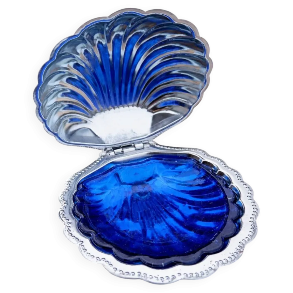 Beurrier en métal argenté et verre bleu