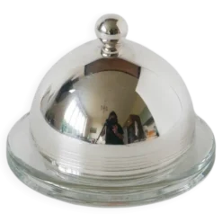 Beurrier en métal argenté et verre, St Hilaire, 1950