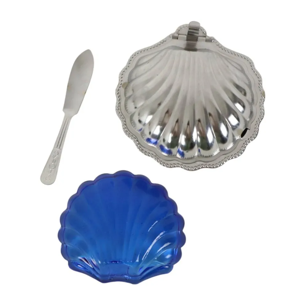 Beurrier en verre bleu vintage en forme de coquille Saint-Jacques de la reine Anne