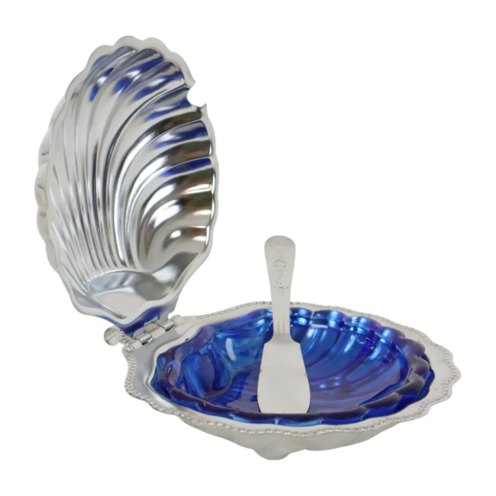 Beurrier en verre bleu vintage en forme de coquille Saint-Jacques de la reine Anne
