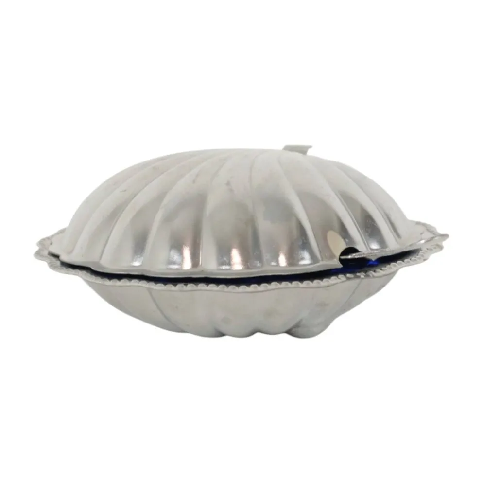 Beurrier en verre bleu vintage en forme de coquille Saint-Jacques de la reine Anne