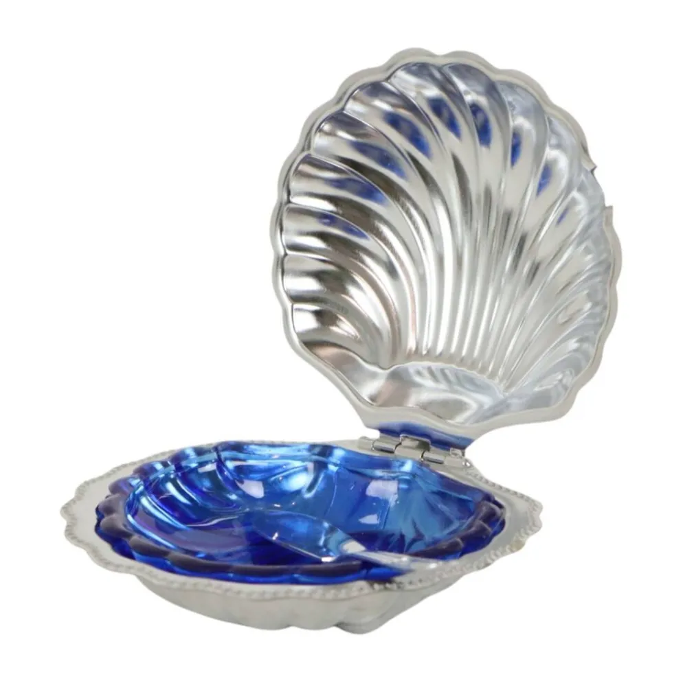 Beurrier en verre bleu vintage en forme de coquille Saint-Jacques de la reine Anne