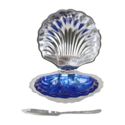 Beurrier en verre bleu vintage en forme de coquille Saint-Jacques de la reine Anne