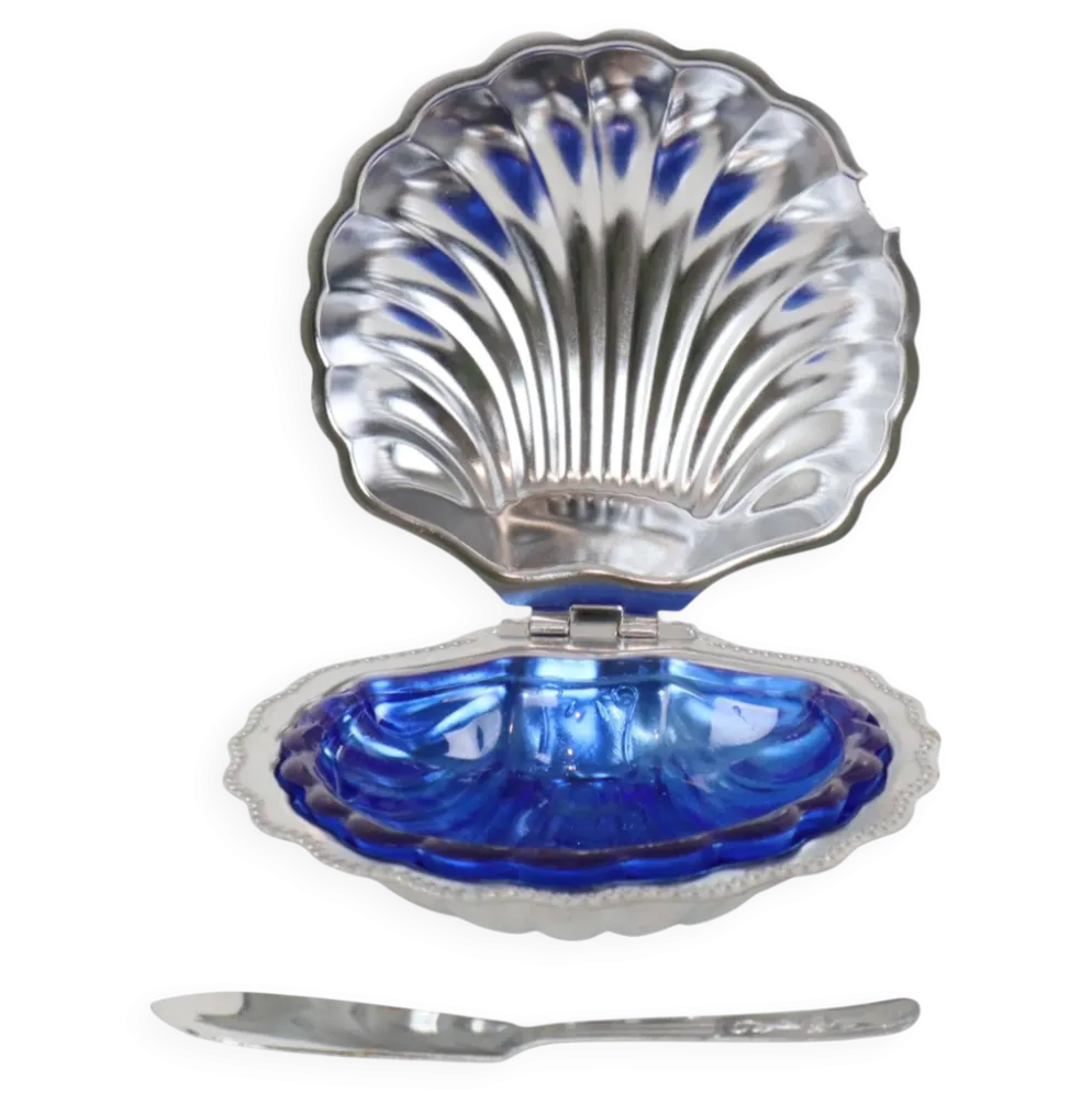 Beurrier en verre bleu vintage en forme de coquille Saint-Jacques de la reine Anne