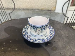 Beurrier, sauciere en faience Vieux Rouen, fait main, made in france, motif floral, vintage