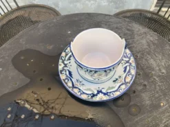 Beurrier, sauciere en faience Vieux Rouen, fait main, made in france, motif floral, vintage