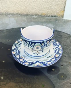 Beurrier, sauciere en faience Vieux Rouen, fait main, made in france, motif floral, vintage