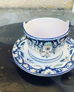 Beurrier, sauciere en faience Vieux Rouen, fait main, made in france, motif floral, vintage