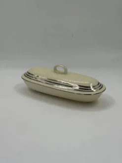 Beurrier vintage Art déco en céramique ivoire avec rayures platine