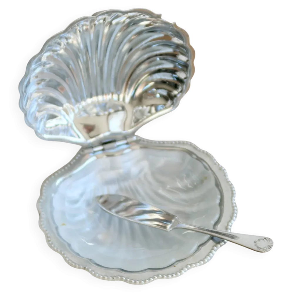 Beurrier vintage coquillage en métal argenté et verre avec couteau - Style
