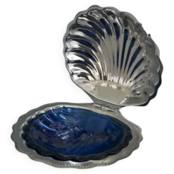 Beurrier vintage coquillage bleu cobalt verre et métal argenté