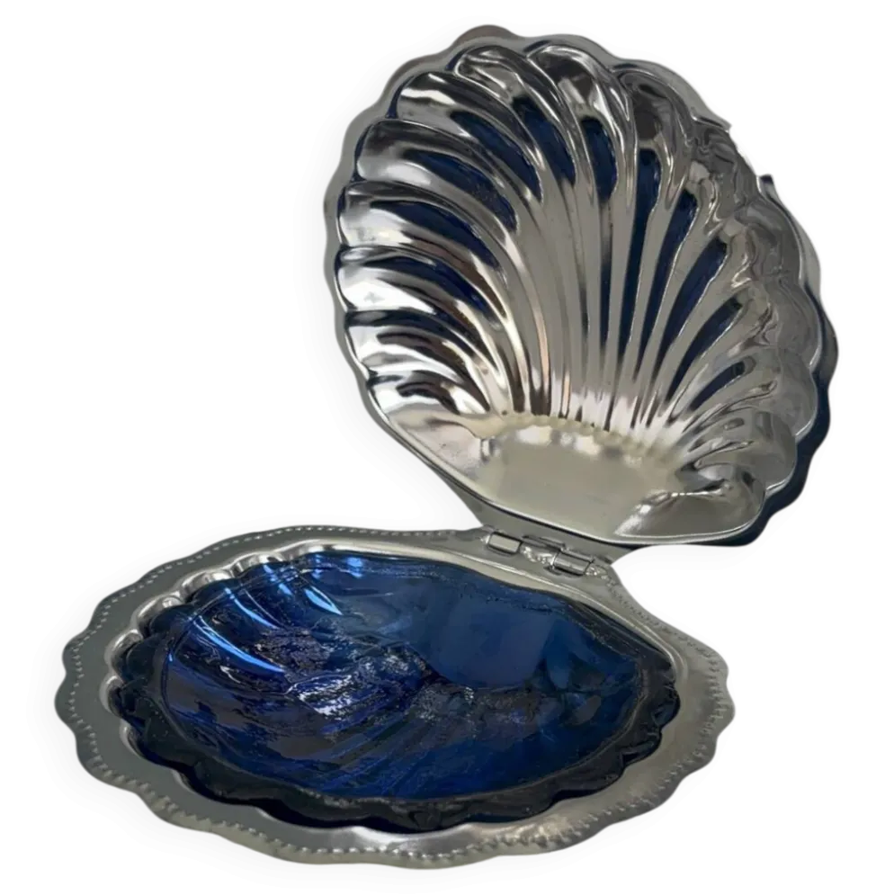 Beurrier vintage coquillage bleu cobalt verre et métal argenté