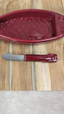 Beurrier vintage en céramique rouge + couteau assorti