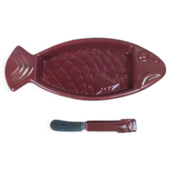 Beurrier vintage en céramique rouge + couteau assorti