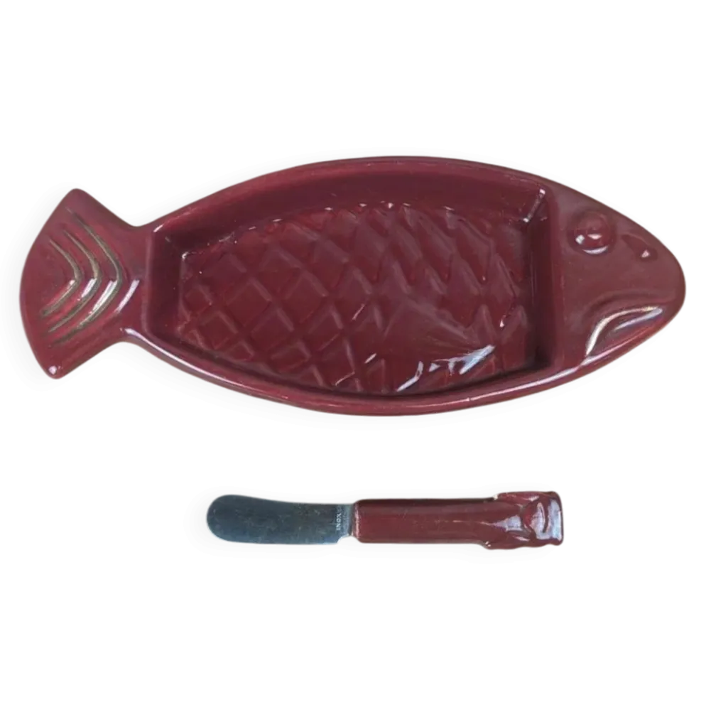 Beurrier vintage en céramique rouge + couteau assorti